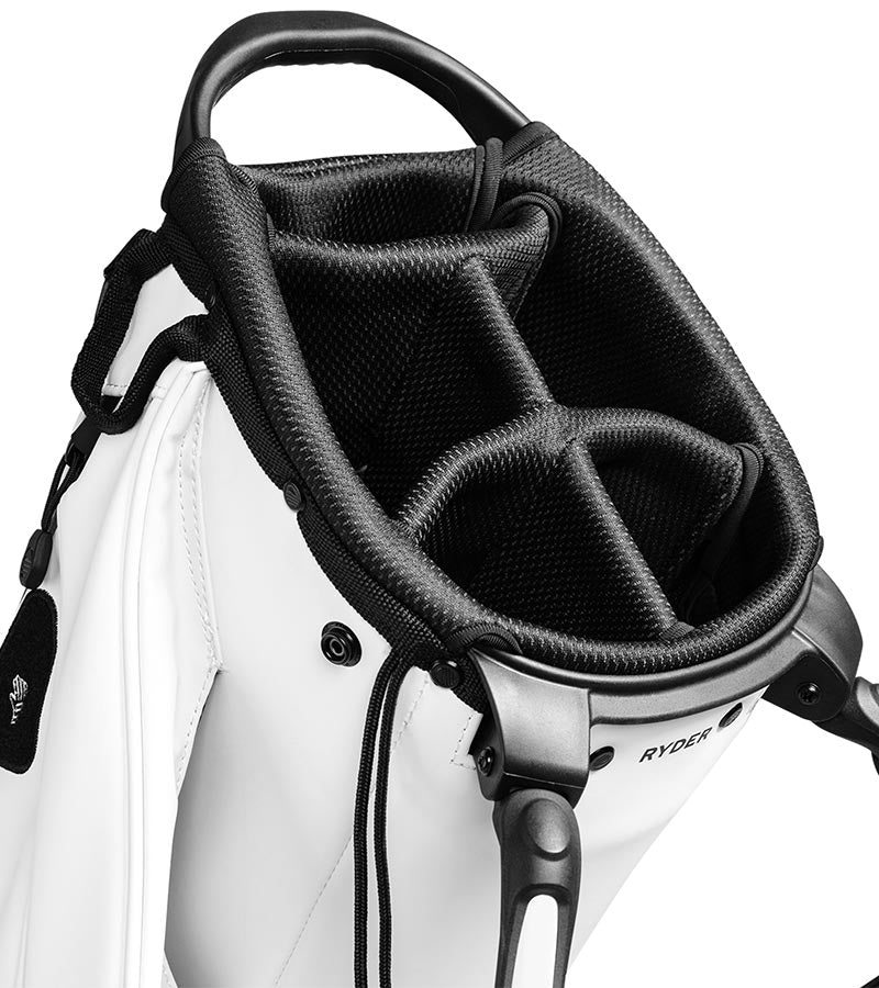Sunday Golf Ryder S-Class Full Size Stand Golf Bag in White Vegan Leather - closeup of 5-way top divider