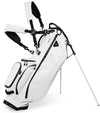 Sunday Golf Ryder S-Class Full Size Stand Golf Bag in White Vegan Leather with legs extended and a backpack-style double strap system