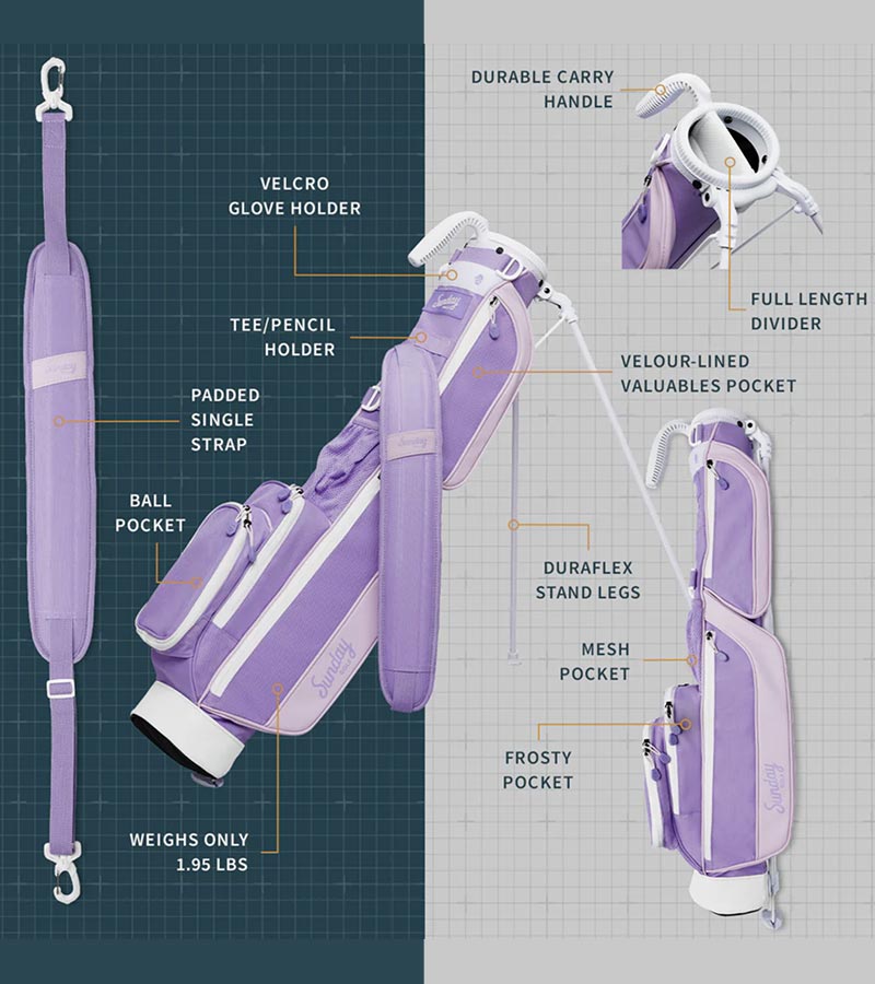 Sunday Golf The Loma Par 3 Golf Bag illustration of pag's features in Lavender