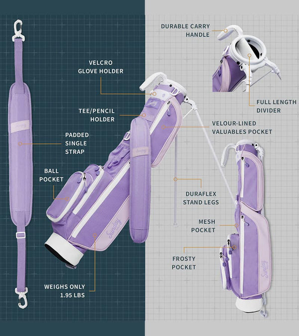 Sunday Golf The Loma Par 3 Golf Bag illustration of pag's features in Lavender