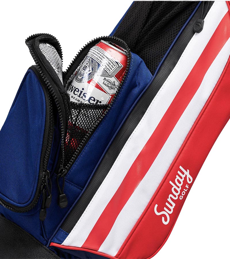 Sunday Golf The Loma Patriot Par 3 Golf Bag closeup of cold drink pocket