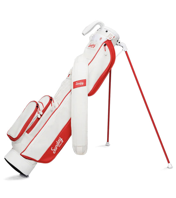 Sunday Golf The Loma Par 3 Golf Bag  with legs extended in  Red & Off-White