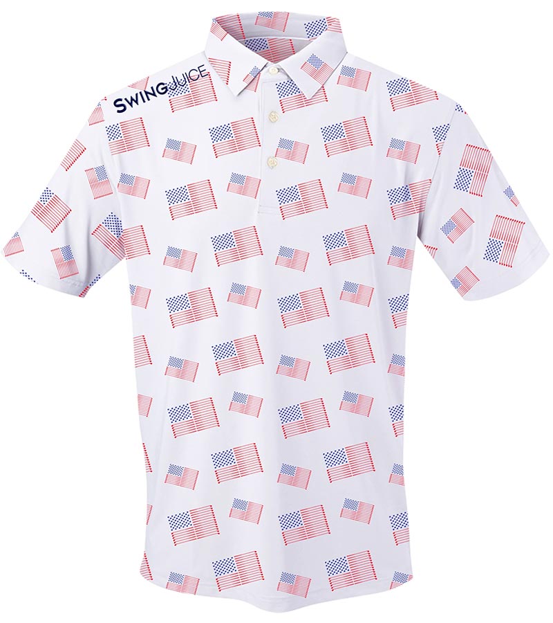 SwingJuice Golf Flag Mens Golf Polo - front view - a patriotic pattern composed of multiple American flags arranged diagonally across the fabric. . The stars are represented in a compact navy blue field with a dot-like pattern, while the red stripes are created from golf clubs .