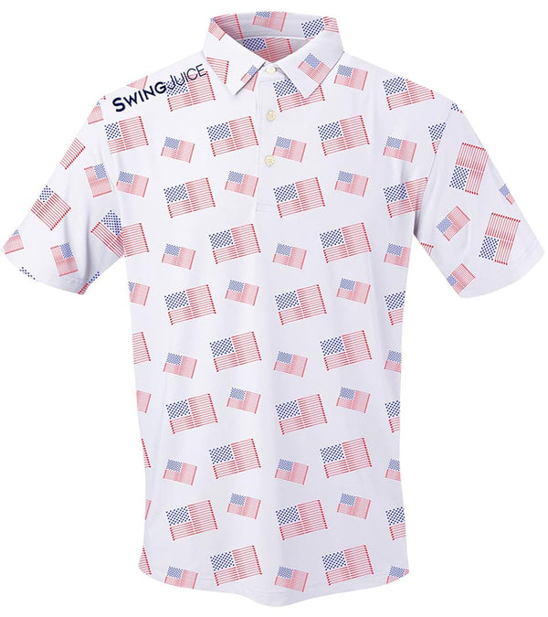 SwingJuice Golf Flag Mens Golf Polo - front view - a patriotic pattern composed of multiple American flags arranged diagonally across the fabric. . The stars are represented in a compact navy blue field with a dot-like pattern, while the red stripes are created from golf clubs .