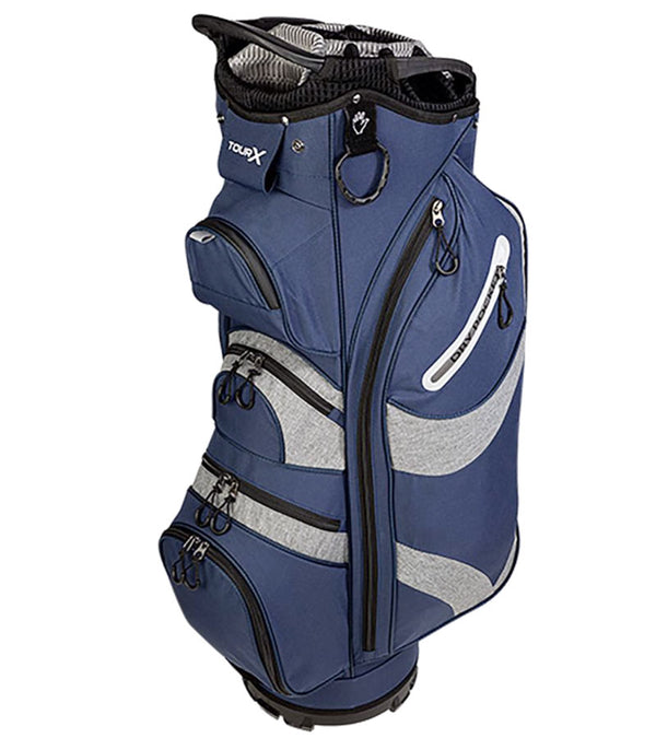 Tour X 14 Way Cart Golf Bag in : Navy/Navy with silver gray, black and white design details and accents.
