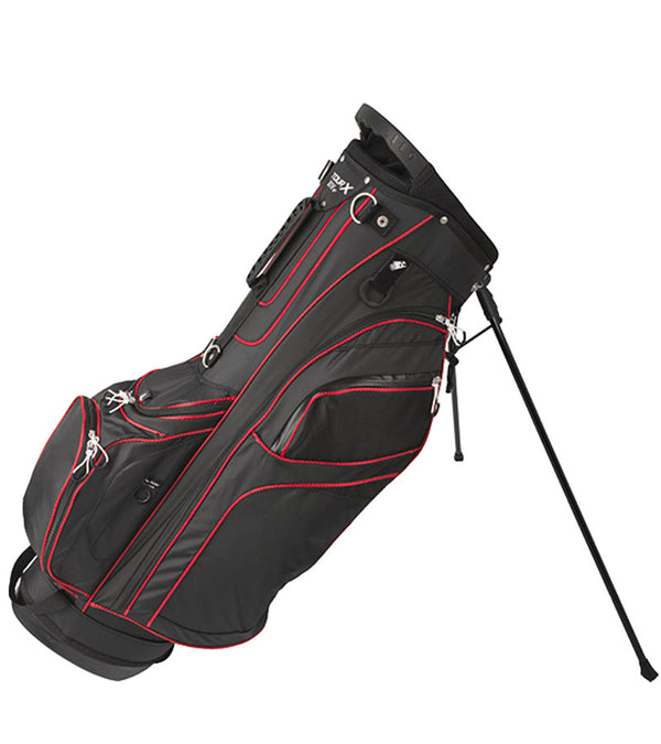 Merchants of Golf Tour X Org XIV Stand Bag  with legs extended in Black with  red detail accents.