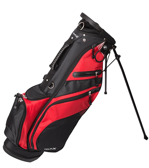 Merchants of Golf Tour X Golf Stand Bag  with legs extended in Black with Red and white design accents