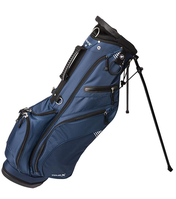 Merchants of Golf Tour X Golf Stand Bag  with legs extended in Navy with black design details.