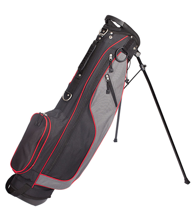 Merchants of Golf Tour X Sunday Stand Golf Bag with legs extended in Black/Charcoal/Red