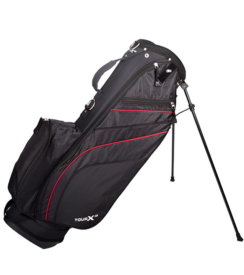 Merchants of Golf Tour X3 Stand Golf Bag legs extended in Black with red detail design accents.