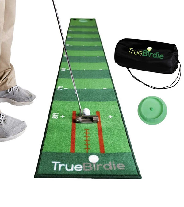 TrueBirdie Indoor Putting Green and Golf Mat 10ft- mat with partial man practicing, travel carry case and silicone golf cup