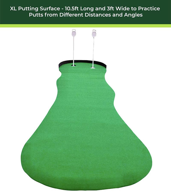 TrueBirdie XL Indoor Professional Putting Mat - straight on view of mat wth putting flags & retaining back stop wall
