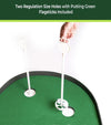 TrueBirdie XL Indoor Professional Putting Mat - closeup of the putting flags. Hand lifting the putting flag with its base holding 2 golf balls