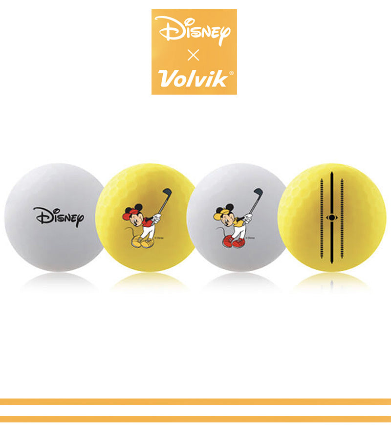 Volvik Vivid Golf Balls Disney Mickey Mouse with 4 golf balls alternating wyellow or white balls with image of Disney logo, 2 balls with Mickey swinging a golf club and a ball showing the alignment arrows.