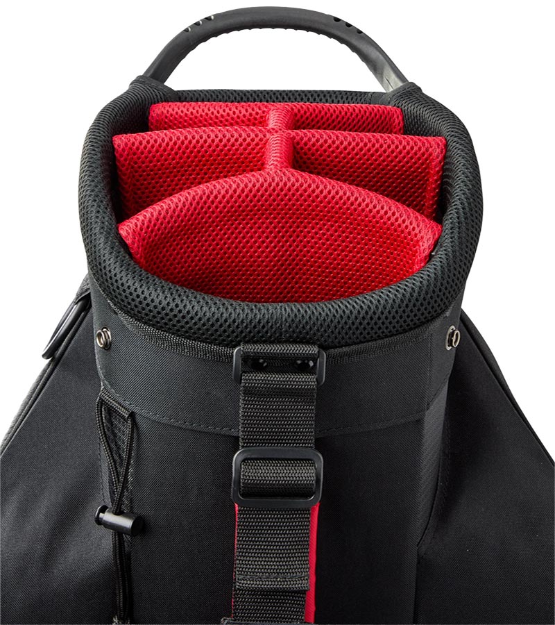 Wilson Profile Senior Men Complete Set - Cart Bag in black & textured charcoal with red accents - closeup of 5 way red club divider