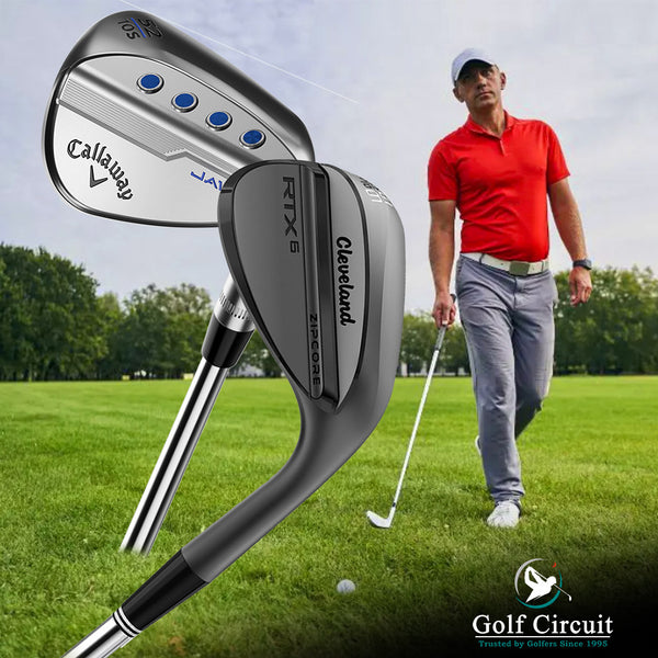 Male golfer on course with wedge. 2 wedges Cleveland CBX 4- ZipCore &  Callaway Mens JAWS-MD5 