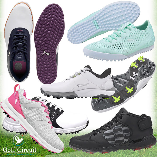 Golf Shoes on grass from Puma, Etonic and Under Armour brands