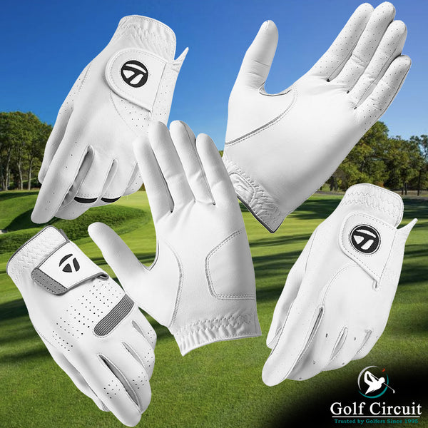 5 views of TaylorMade white cadet golf gloves against a golf course background