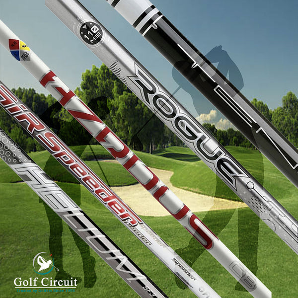 5 different brands of shafts overlaying silhoette of male and female golfers hitting drivers on fairway