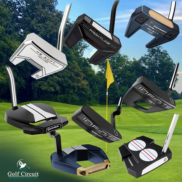 8 face-balanced putters from 4 brands against a green with yellow flag