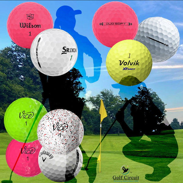 12 golf balls for women, various brands, silhouette of 2 female golfers, course in background