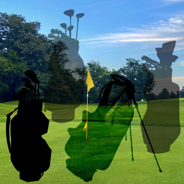 Semi translucent silhouettes of 4 golf complete set bags with green and hole flag in background