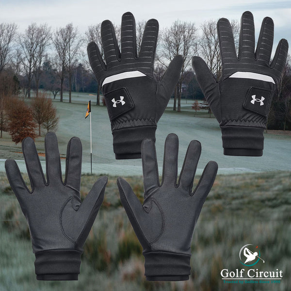 Fall golf course with front & back  views of Under Amour winter glove gloves