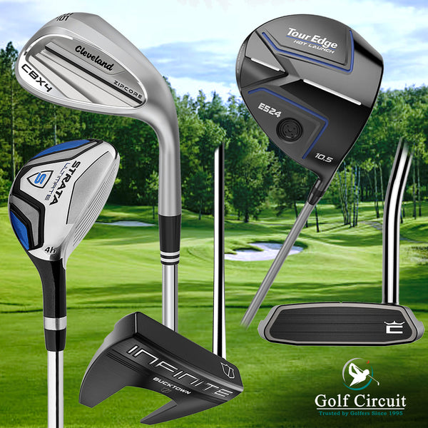 Golf Course in background with individual images of the major clubs- driver-wood-iron-wedges-putter-differnt brands