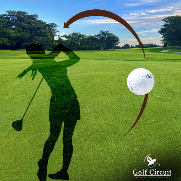 Illustration of female golfer with driver hitting a hook shot on fairway with arrow showing the hook.