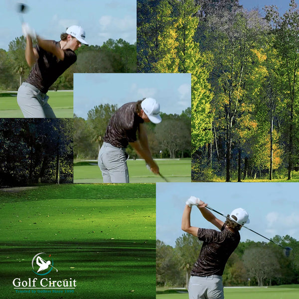 3 poises of a golfer going thru a golf swing against a golf course