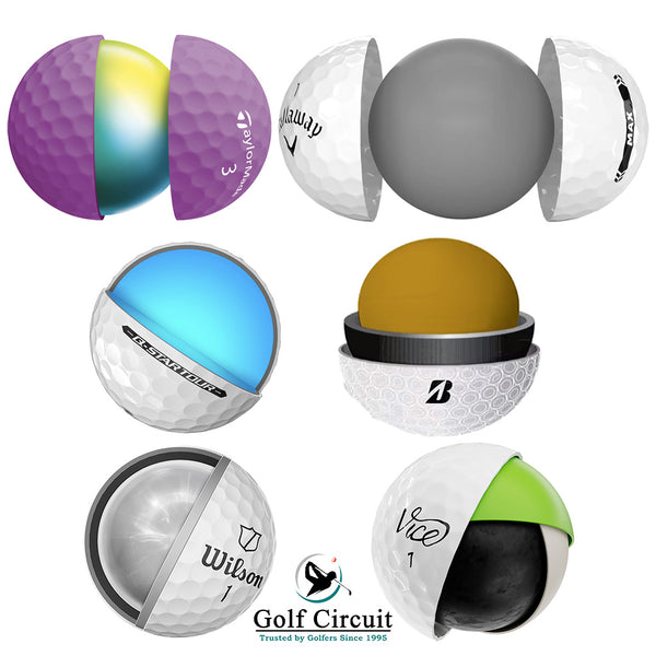 2 examples each of interior of low, medium, high compression golf balls from 6 brands