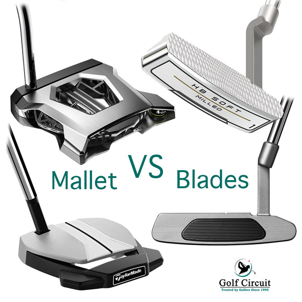 2 images of mallet golf putters/ 2 images of blade golf putters