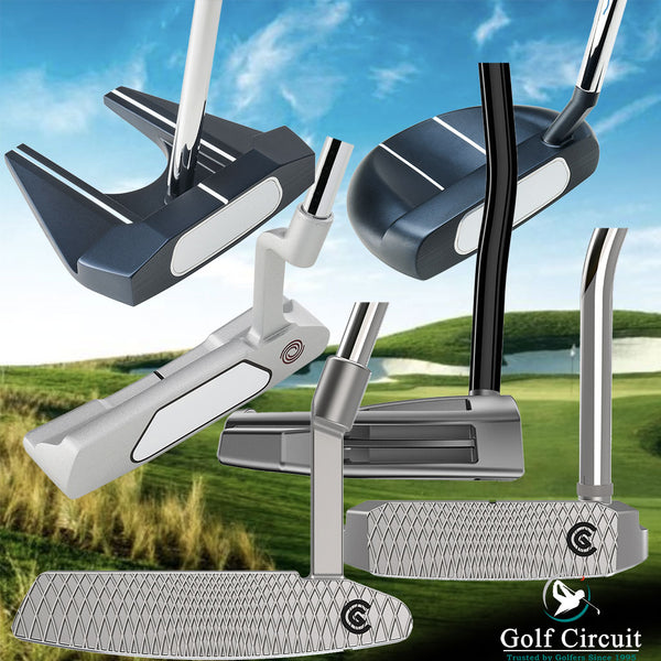 6 different putters with different hosel type designs against golf course in back ground