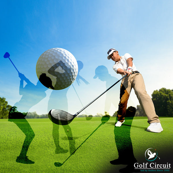 Golfer teeing off on course with translucent silhouettes of 2 women and 1 male golfers in mid spwing