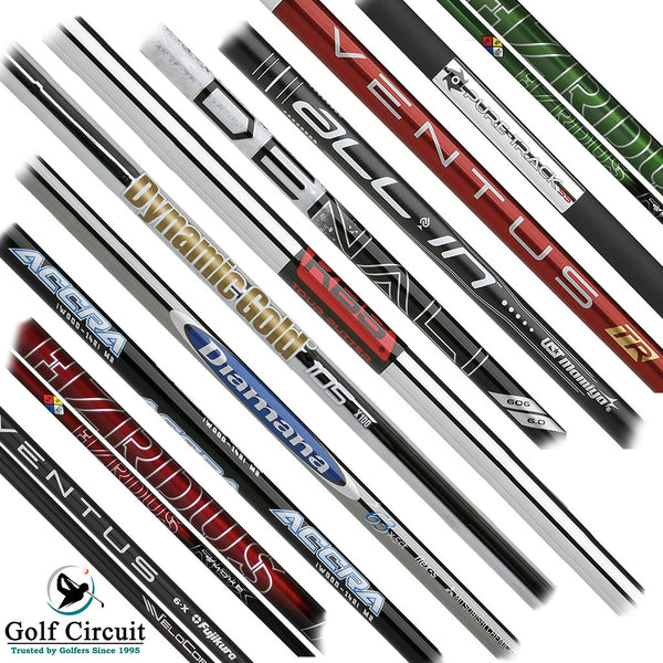 11 golf club shafts of different brands laid out in diagonal stripe