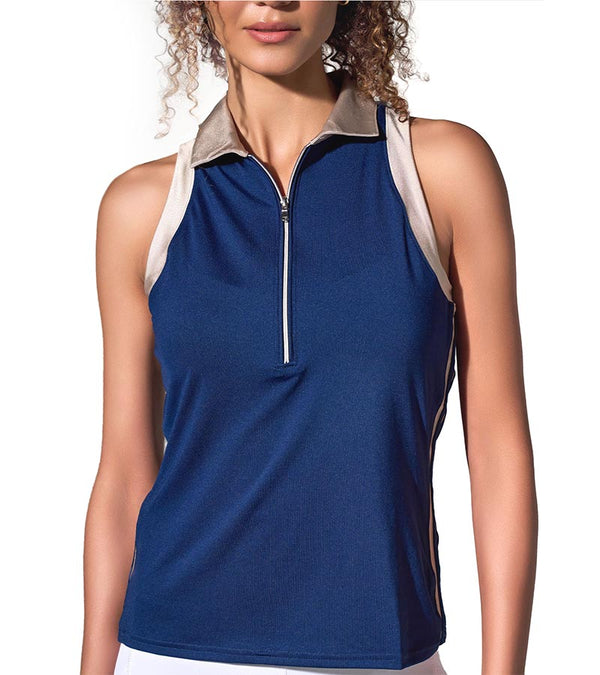 inPhorm Ava Sleeveless Womens Golf Polo Shirt- in Ink/Silver  - partial models front  view