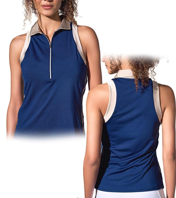 inPhorm Ava Sleeveless Womens Golf Polo Shirt- in Ink/Silver  - partial models front and back views