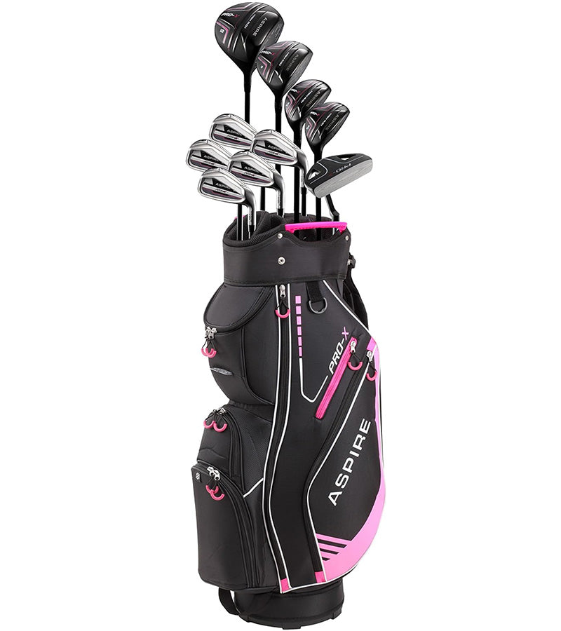 Aspire PRO-X Complete Set Stand Bag with 10 clubs in black with pink and white accents