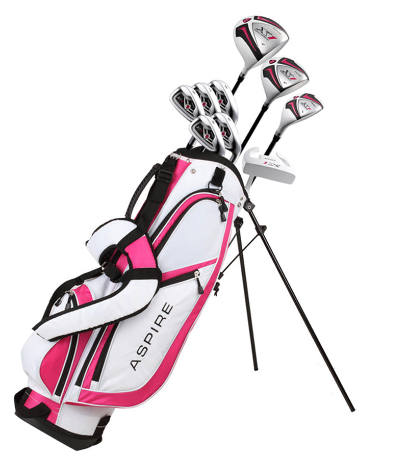 Aspire X1 Women's Complete Golf Set 
 with clubs and Stand Bag in pink white & black accents with legs extended