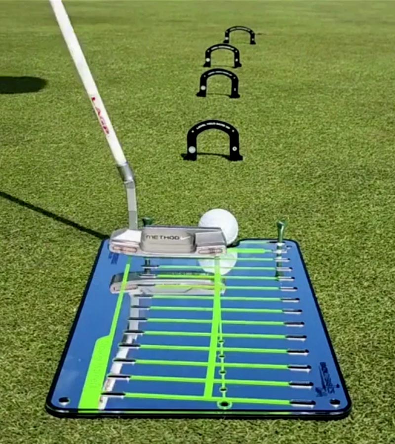 Back2Basics Pro Path Putting Mirror- with gates set up on grass with outter and ball