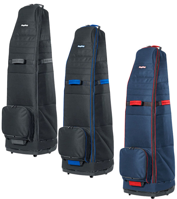 Bagboy Freestyle Travel Cover-standing upright in 3 colorways- Black Charcoal, Black Royal, Navy/Red