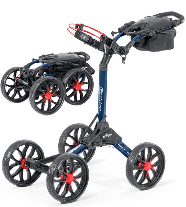 BagBoy Quad Pro Golf Push Cart  in Navy/Red - 2 views- cart folded/ cart open