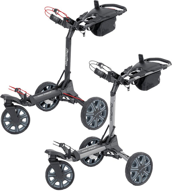 2 BagBoy Volt Electric Golf Carts in 2 colors: Matte Black/Red and Silver/Black