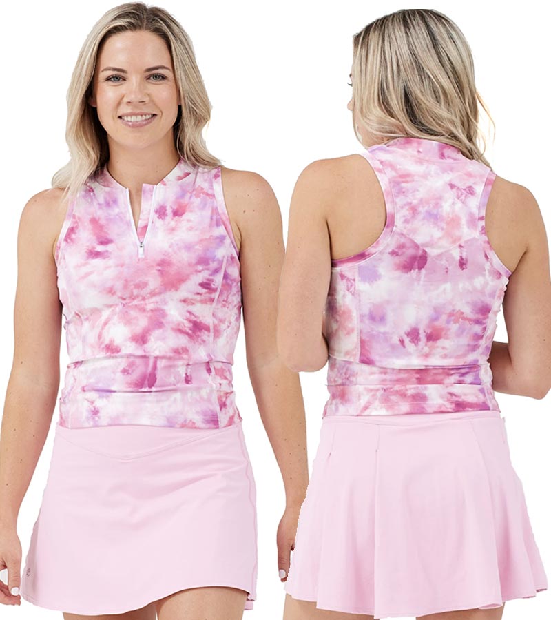 Birdie & Ace Racerback Womens Golf Polo - partial model with front & back views in Pink Tie Dye