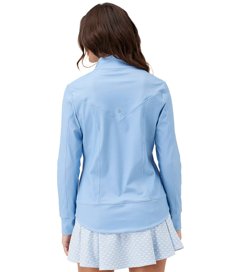 Birdie & Ace Sunrise Womens Golf Quarter Zip Long Sleeve  in Aura Blue - partial model back view