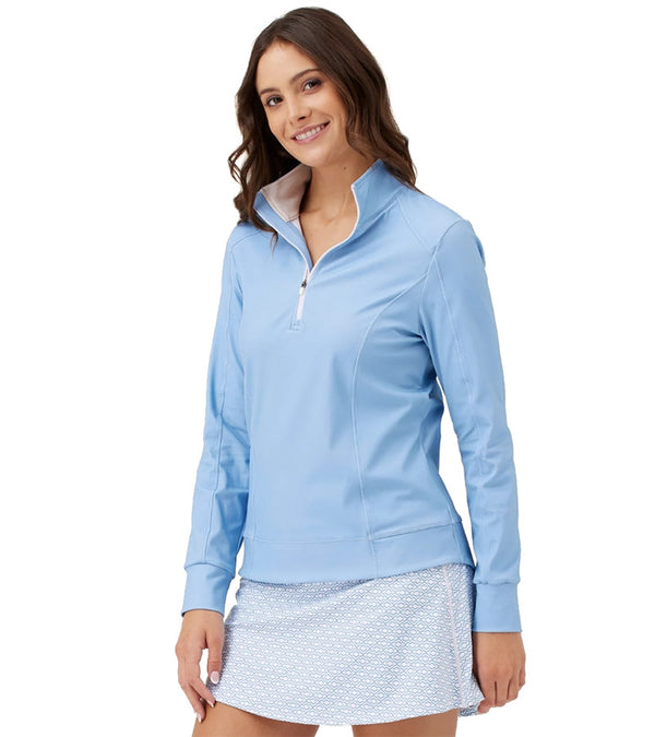 Birdie & Ace Sunrise Womens Golf Quarter Zip Long Sleeve  in Aura Blue-partial model front view