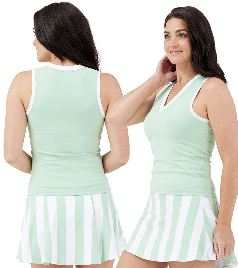 Birdie & Ace V-Top Sleeveless Womens Golf Polo in Mint- partial model back and 3quarter view