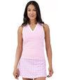 Birdie & Ace V-Top Sleeveless Womens Golf Polo in Pink- partial model front