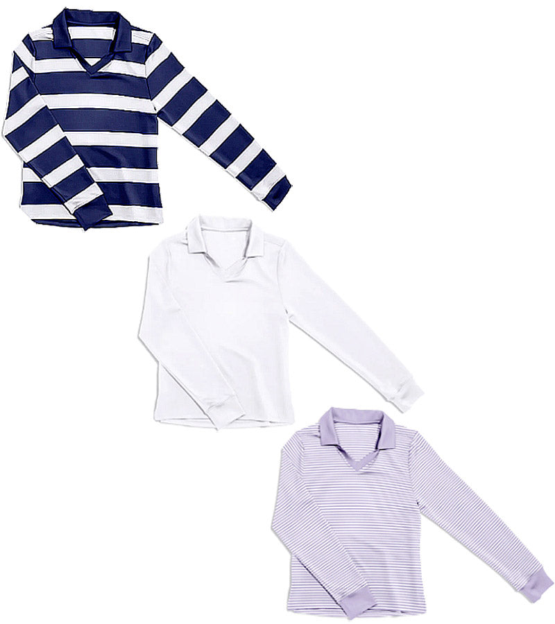 Birdie & Ace All Day Womens Long Sleeve Golf Polo Shirt- in 3 colors: Navy Stripe, White, and  Lilac Mini Stripes