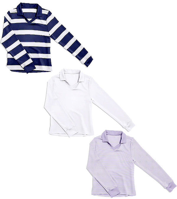 Birdie &amp; Ace All Day Womens Long Sleeve Golf Polo Shirt- in 3 colors: Navy Stripe, White, and  Lilac Mini Stripes